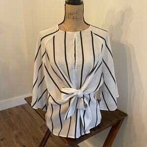 True Destiny White and Black Striped Blouse with Tie Size XL